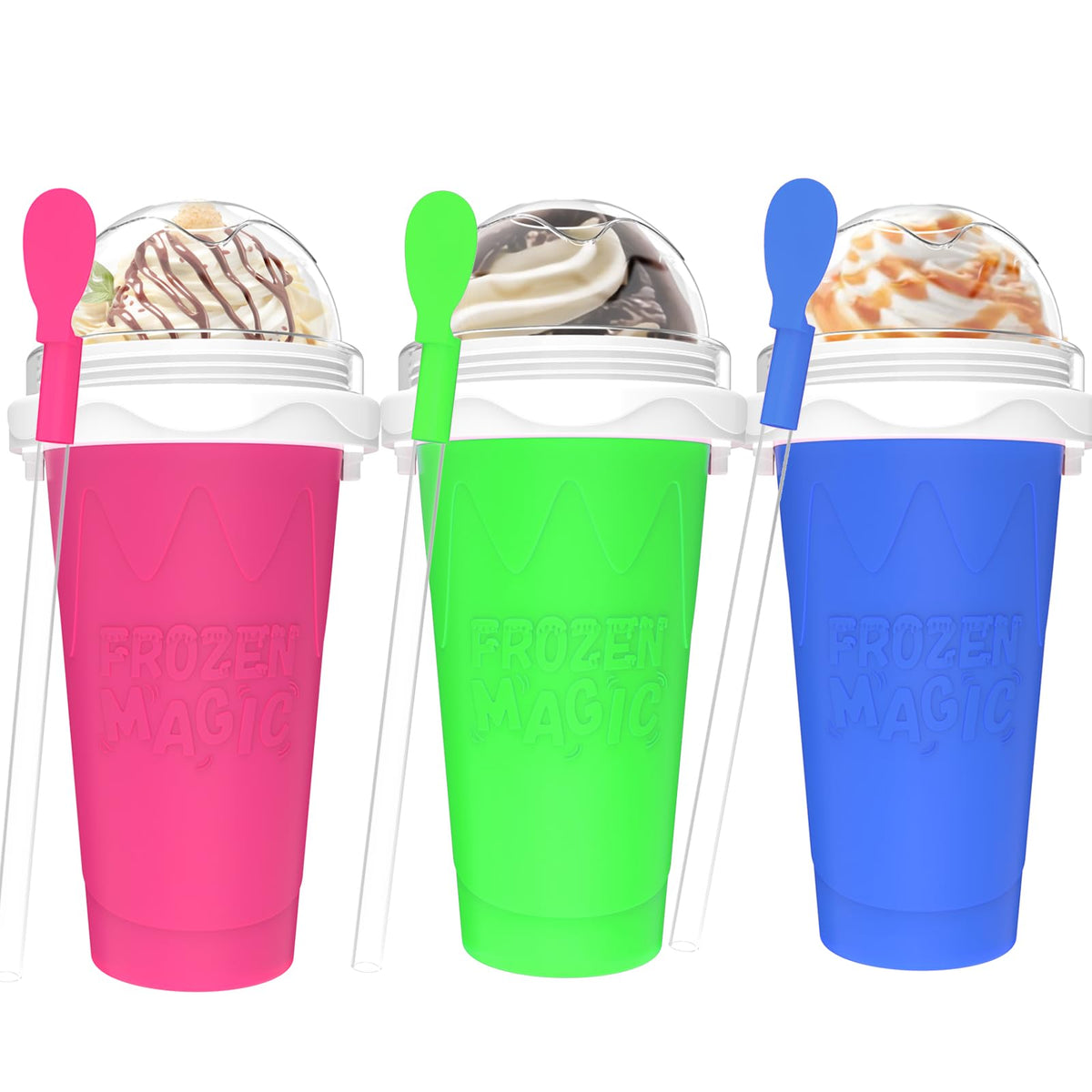 Fopudy 3-piece slushie cup set with built-in freezing liquid for quick, refreshing treats.