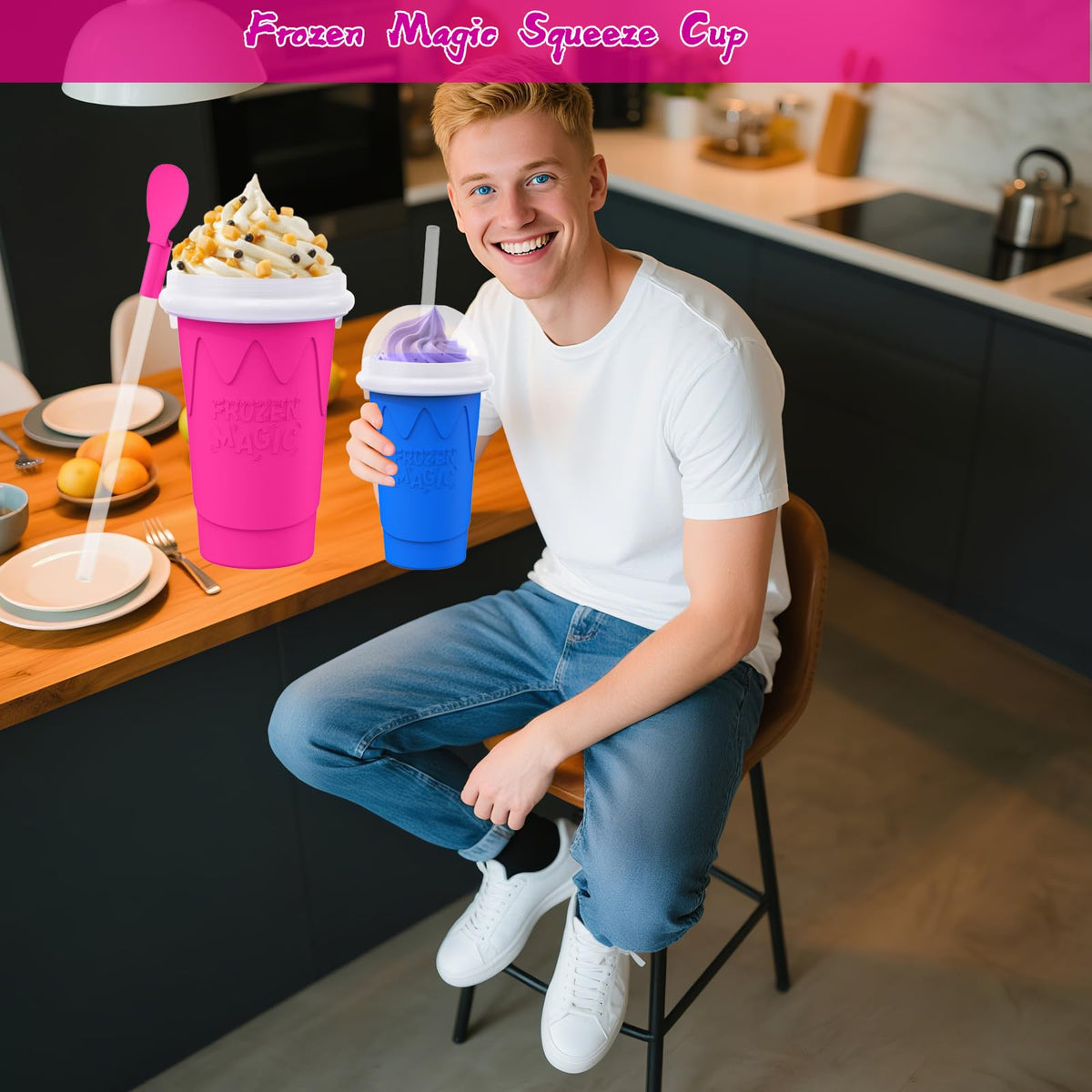 Fopudy slushie cup with two-in-one straw and spoon in action