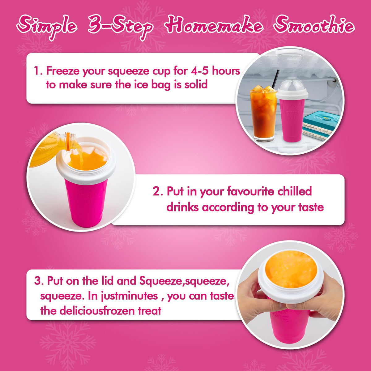 Hands squeezing the Fopudy slushie cup to blend into a smoothie texture.