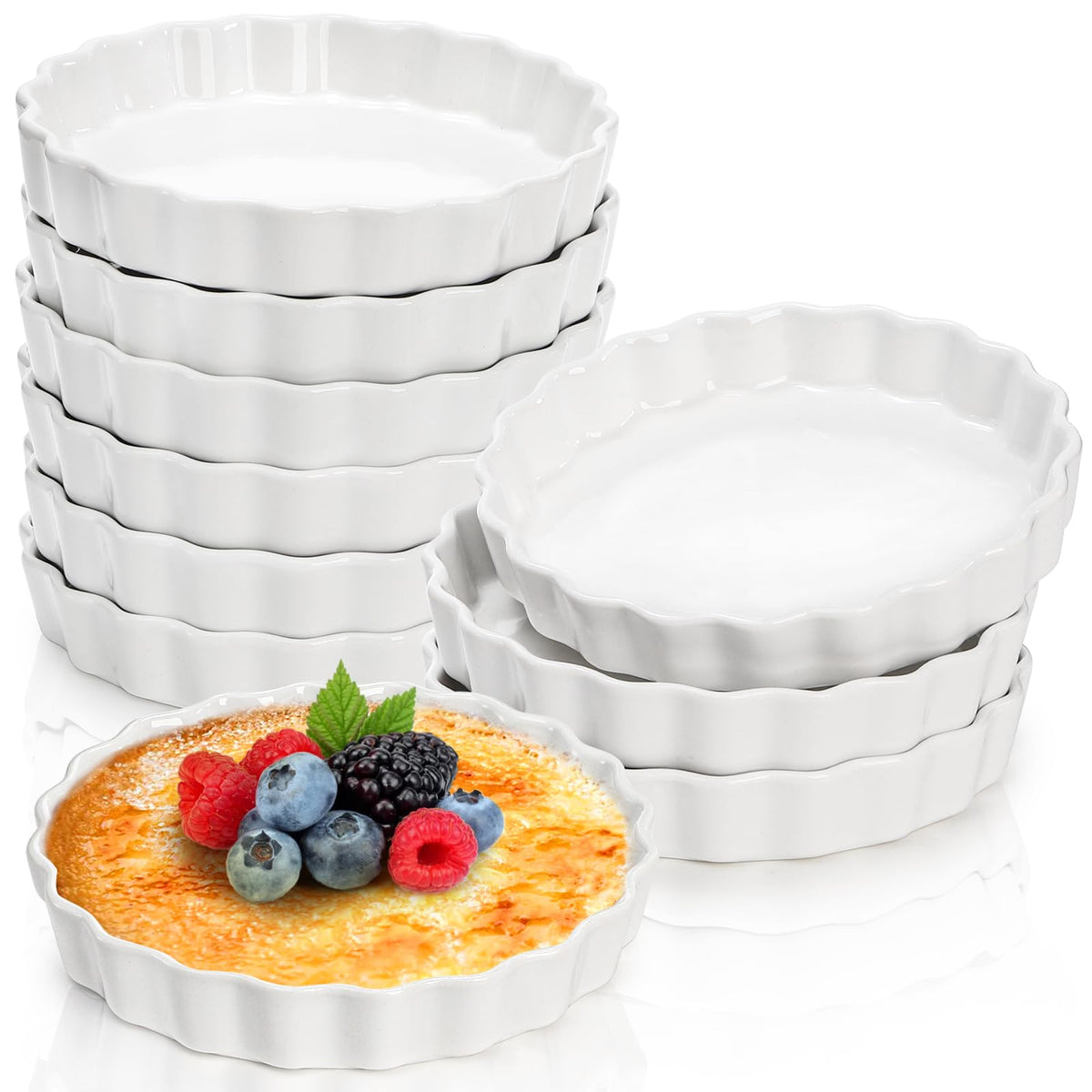 Foraineam creme brulee ramekins for individual servings with fluted edges.