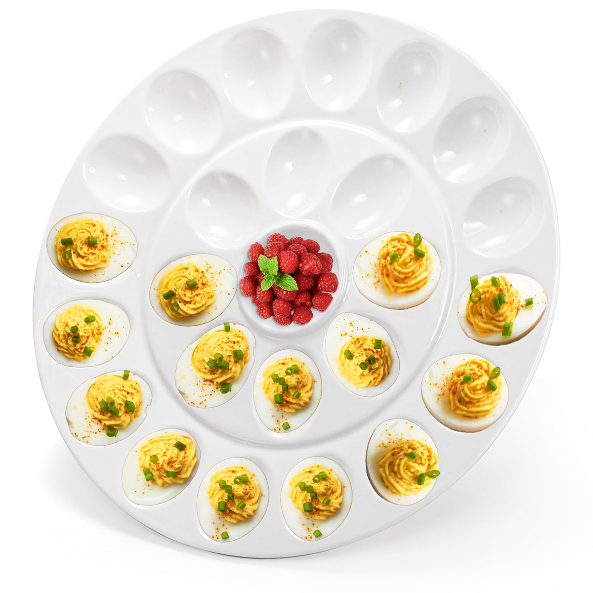 Foraineam deviled egg dish showing 24 eggs with a center sauce well for elegant serving