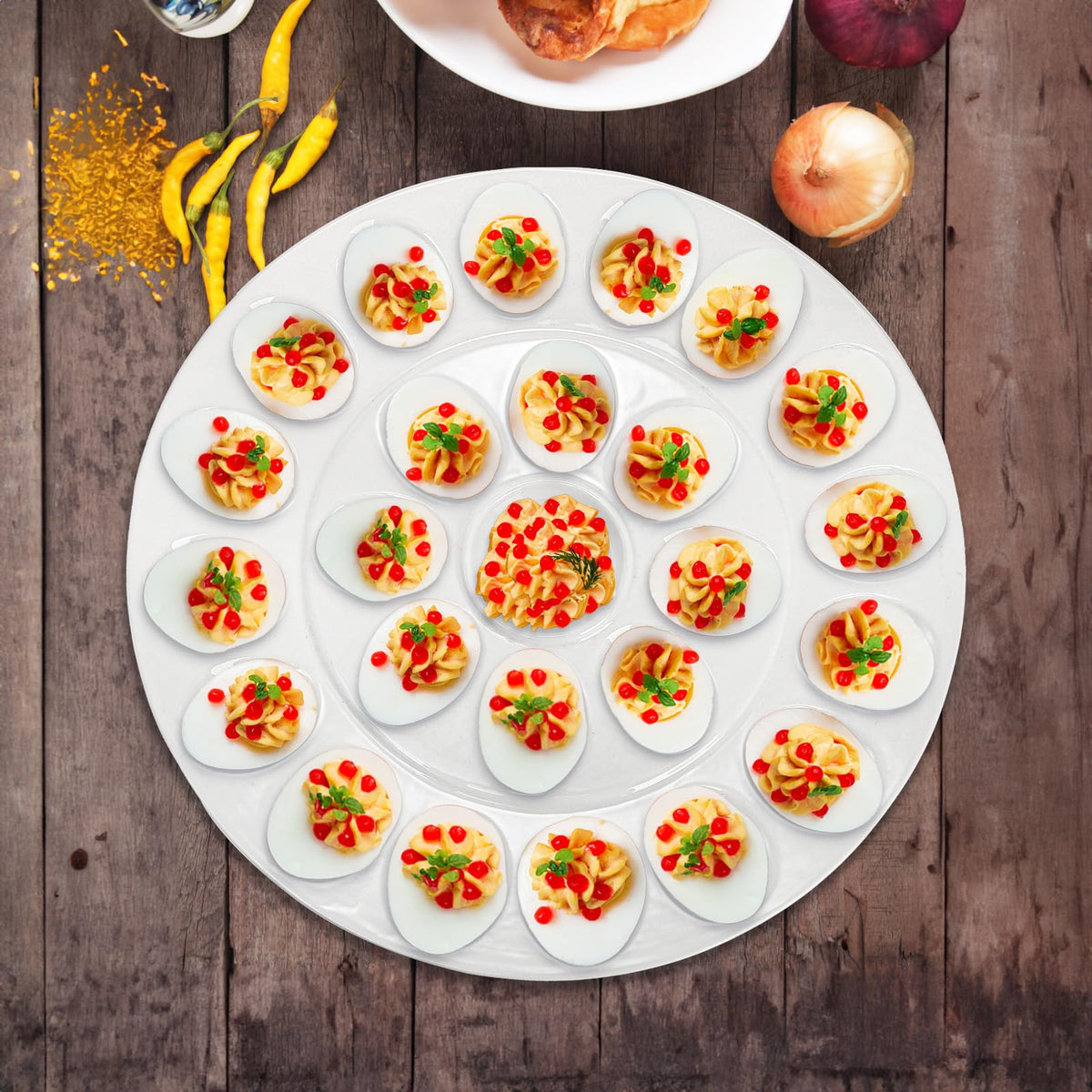 Foraineam deviled egg dish center opening shown for sauces during entertaining
