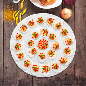 Foraineam deviled egg dish center opening shown for sauces during entertaining