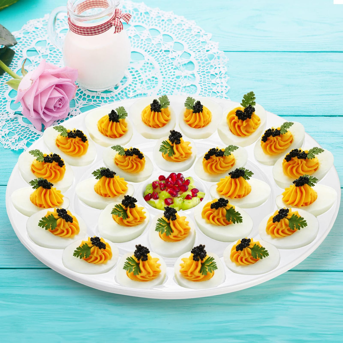 Foraineam 24-egg capacity tray pairs with any white or colorful dinnerware.