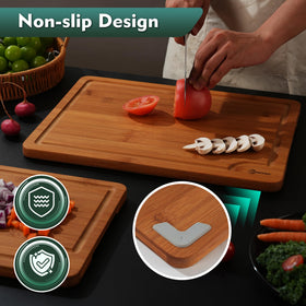 Foressic bamboo cutting board with built-in handles and juice slots for easy transport.