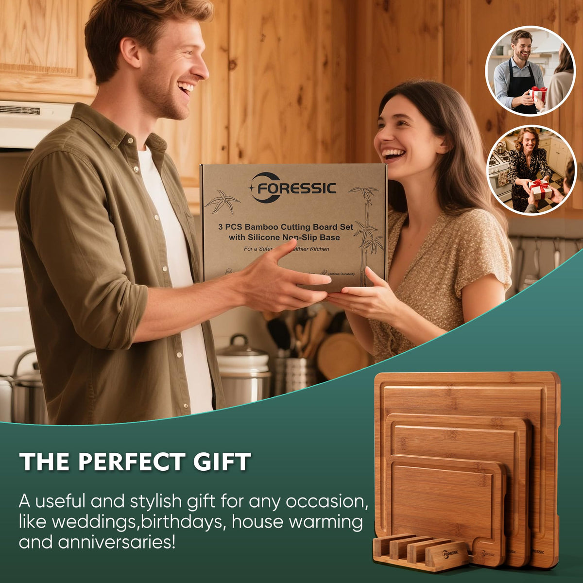 Foressic bamboo cutting board hanging holes enable quick drying and space-saving storage.