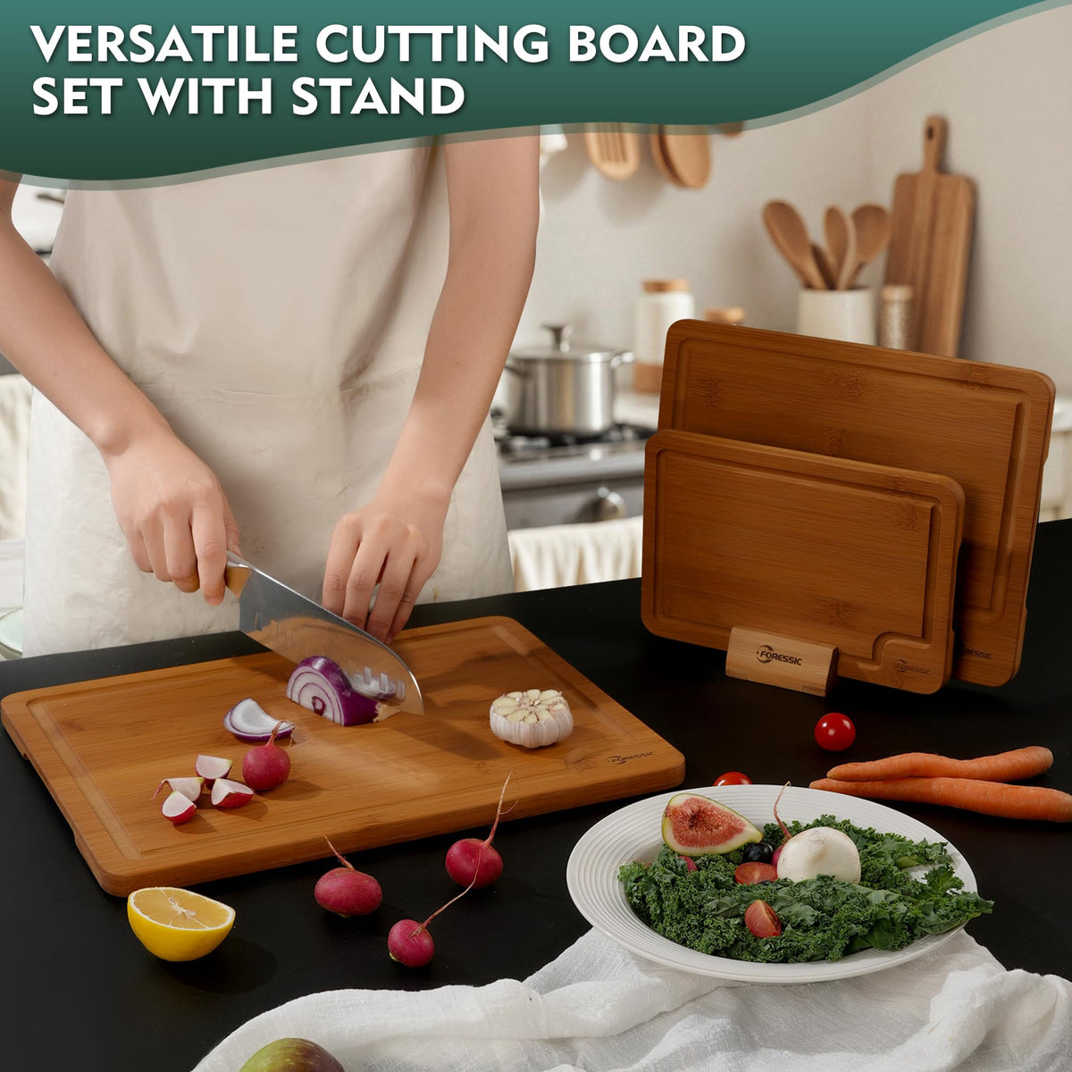 Foressic bamboo cutting board with smooth knife-edge surface protects blades.