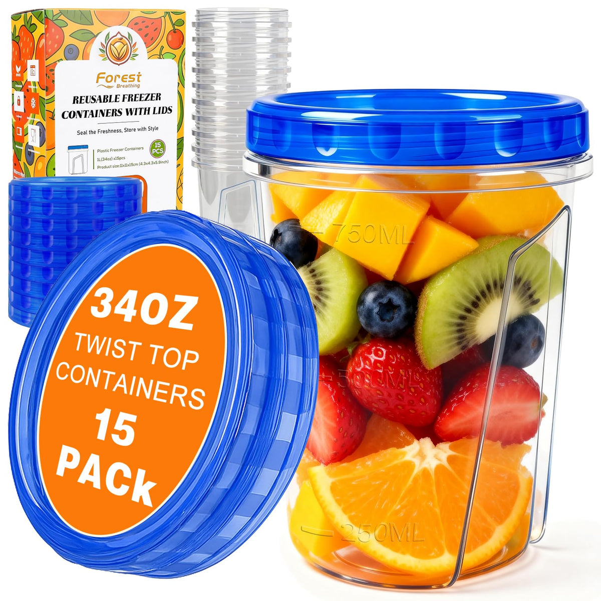Forest Breathing 34oz freezer containers stacked neatly for efficient meal prep and portion control
