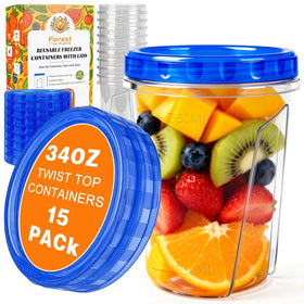 Forest Breathing 34oz freezer containers stacked neatly for efficient meal prep and portion control