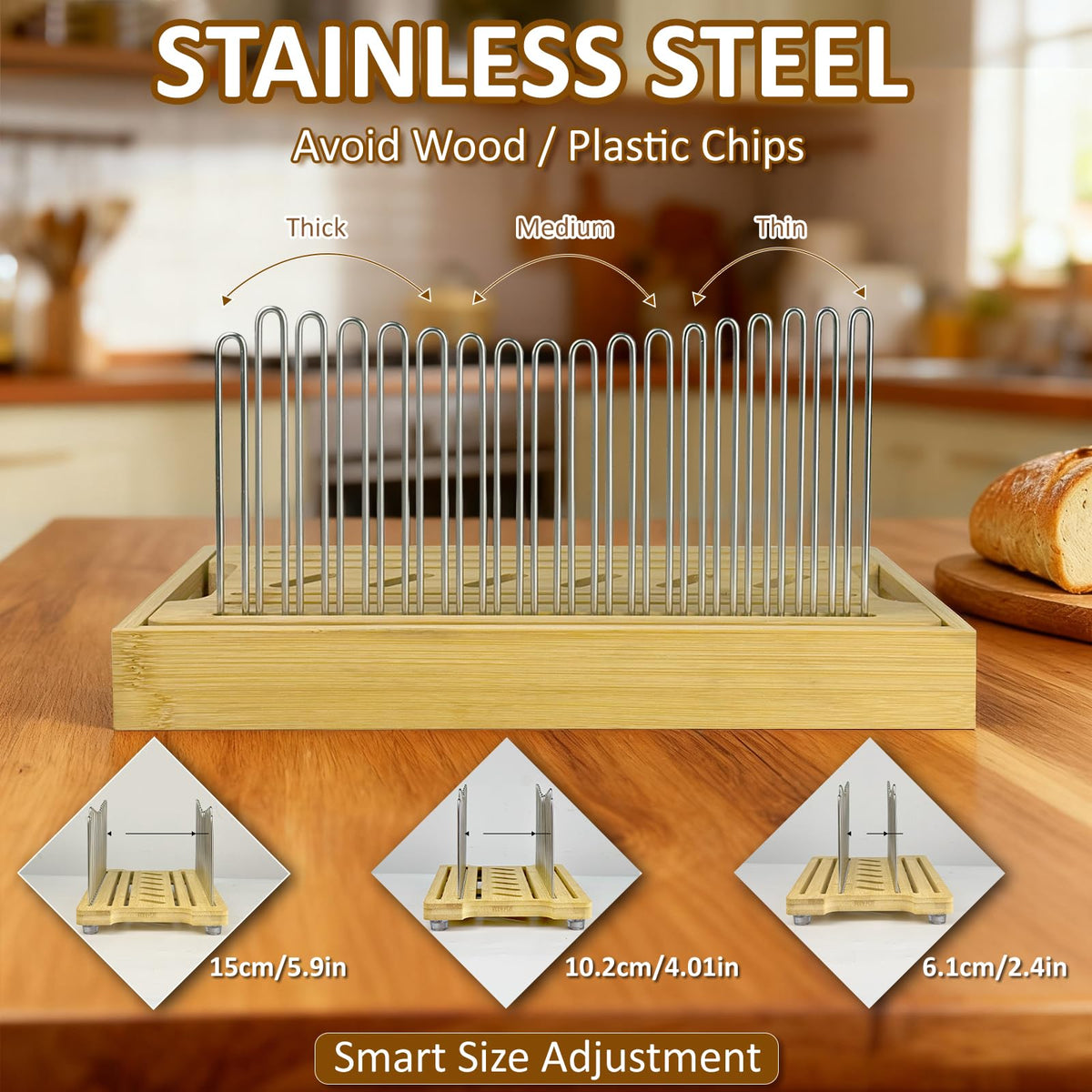 Forest Manor Bamboo Bread Slicer adjustable width enables customizing slice thickness.