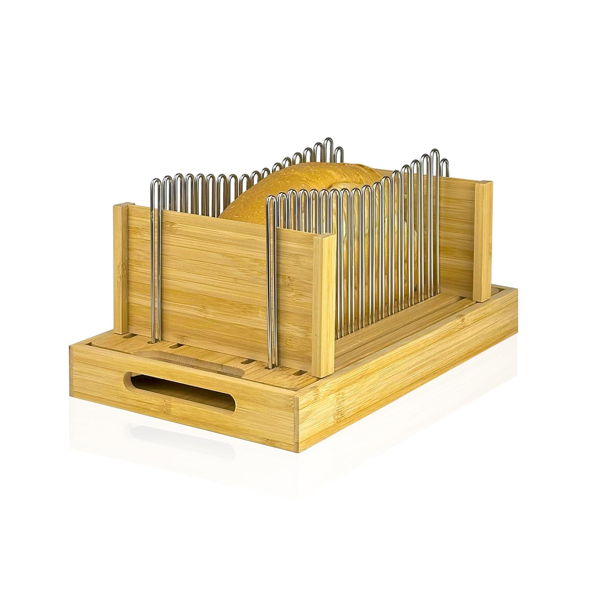 Forest Manor Bamboo Bread Slicer overview showing durable bamboo and steel rails for clean slices.