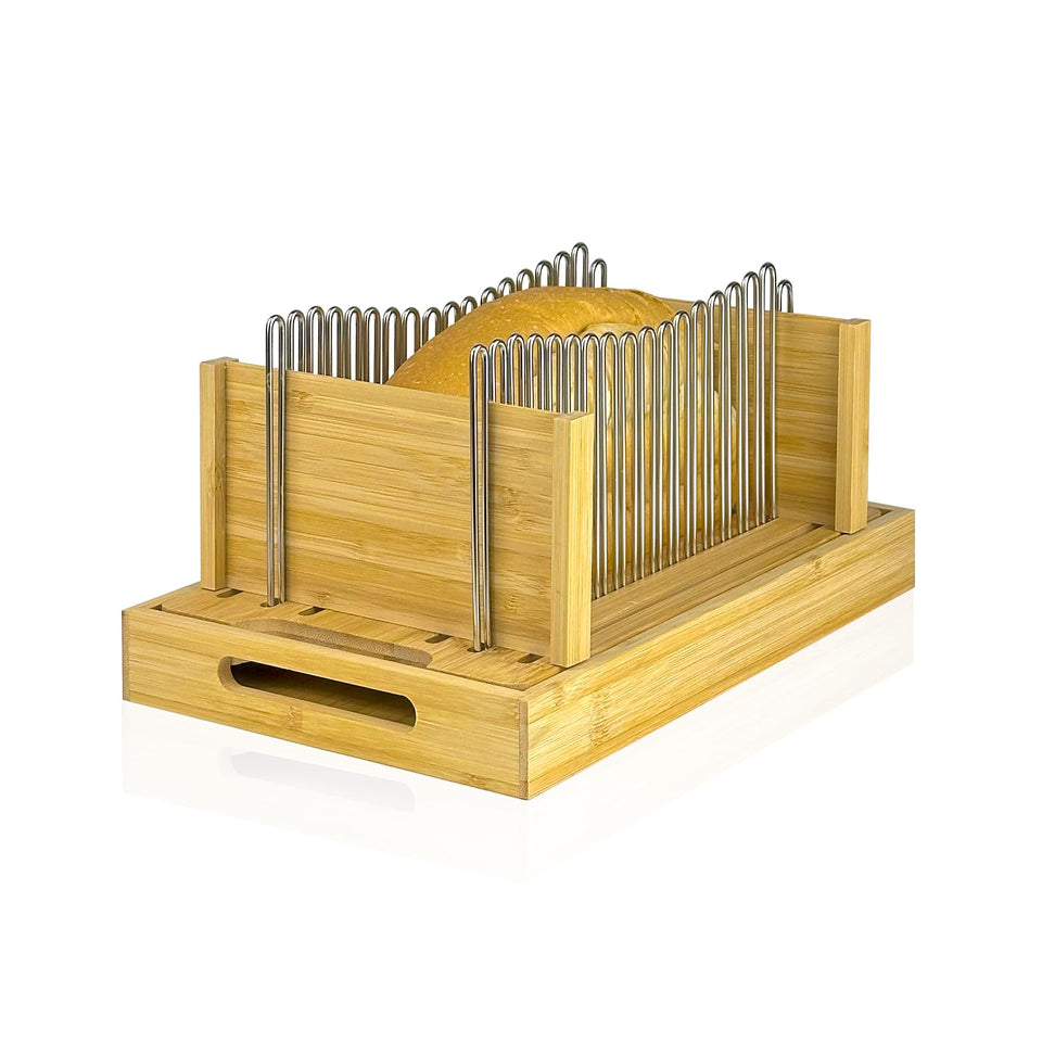 Forest Manor Bamboo Bread Slicer overview showing durable bamboo and steel rails for clean slices.