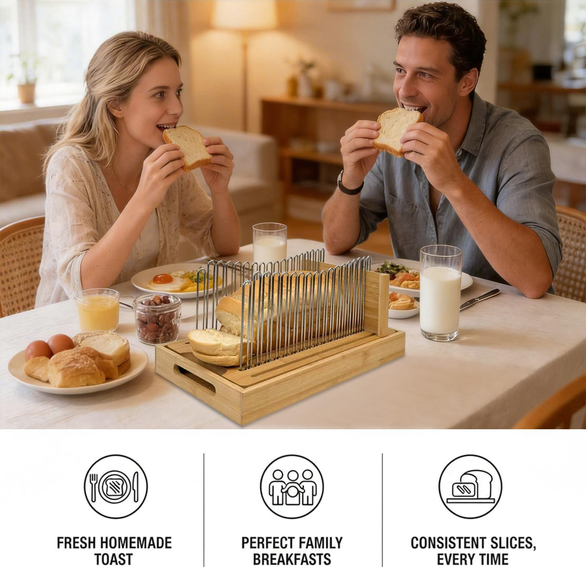 Forest Manor Bread Slicer serving tray being used to present sliced bread.