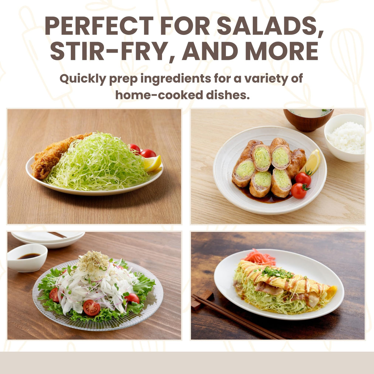 Arnest ultra-thin slices create uniform shreds perfect for salads.