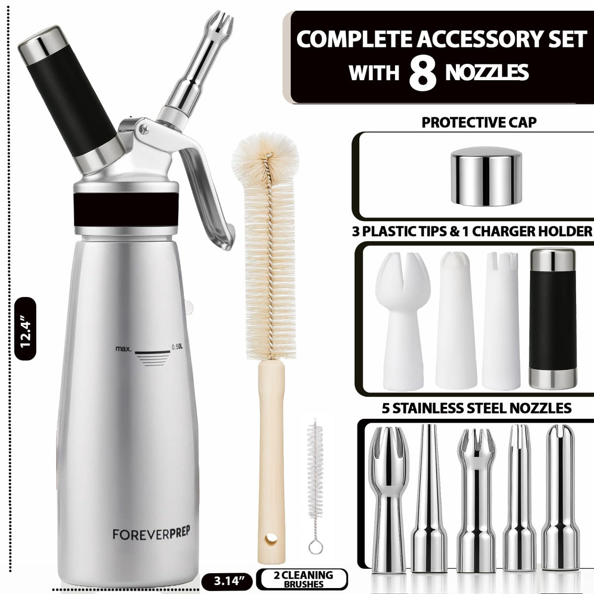 ForeverPrep eight-nozzle decorating kit arranged for versatile topping designs.