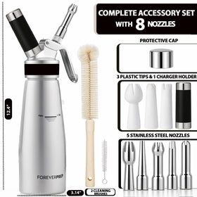 ForeverPrep eight-nozzle decorating kit arranged for versatile topping designs.