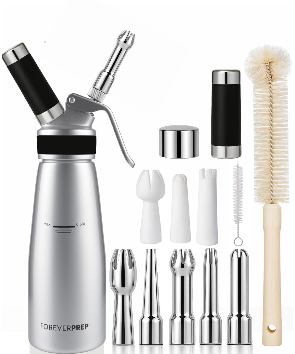 ForeverPrep professional 500ml whipped cream dispenser with ergonomic head for comfortable use.