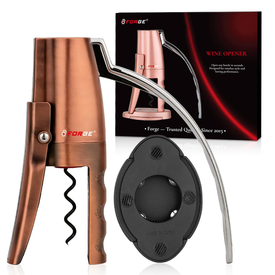 Forge compact vertical lever corkscrew in action for quick, smooth uncorking.
