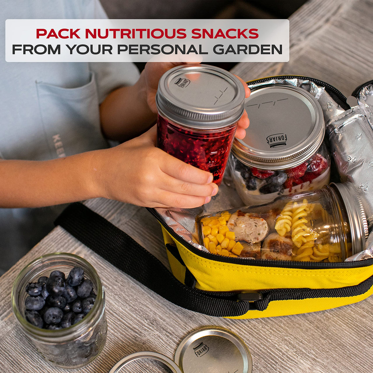 FORJARS airtight-seal lids protect stored foods from moisture.
