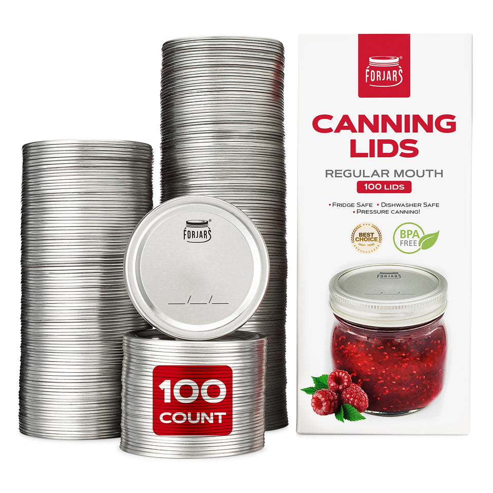 FORJARS regular-mouth lids 100-pack provide durable, airtight seals for mason jars.