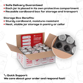 FORJARS rust-resistant lids and BPA-free rings with date lines.