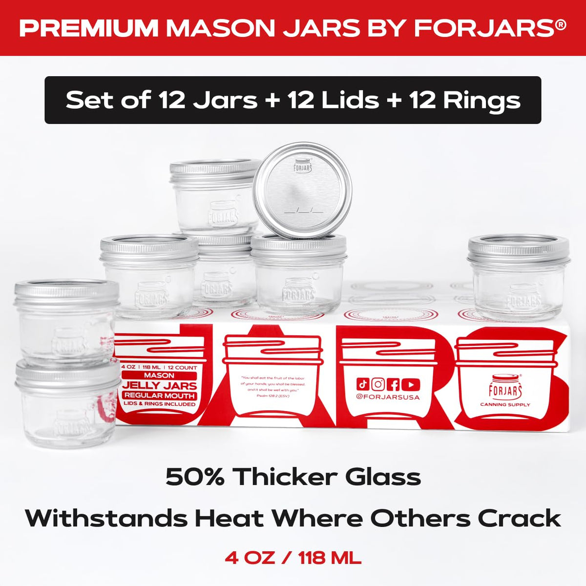 FORJARS thicker glass jar withstands pressure canning and freezing.