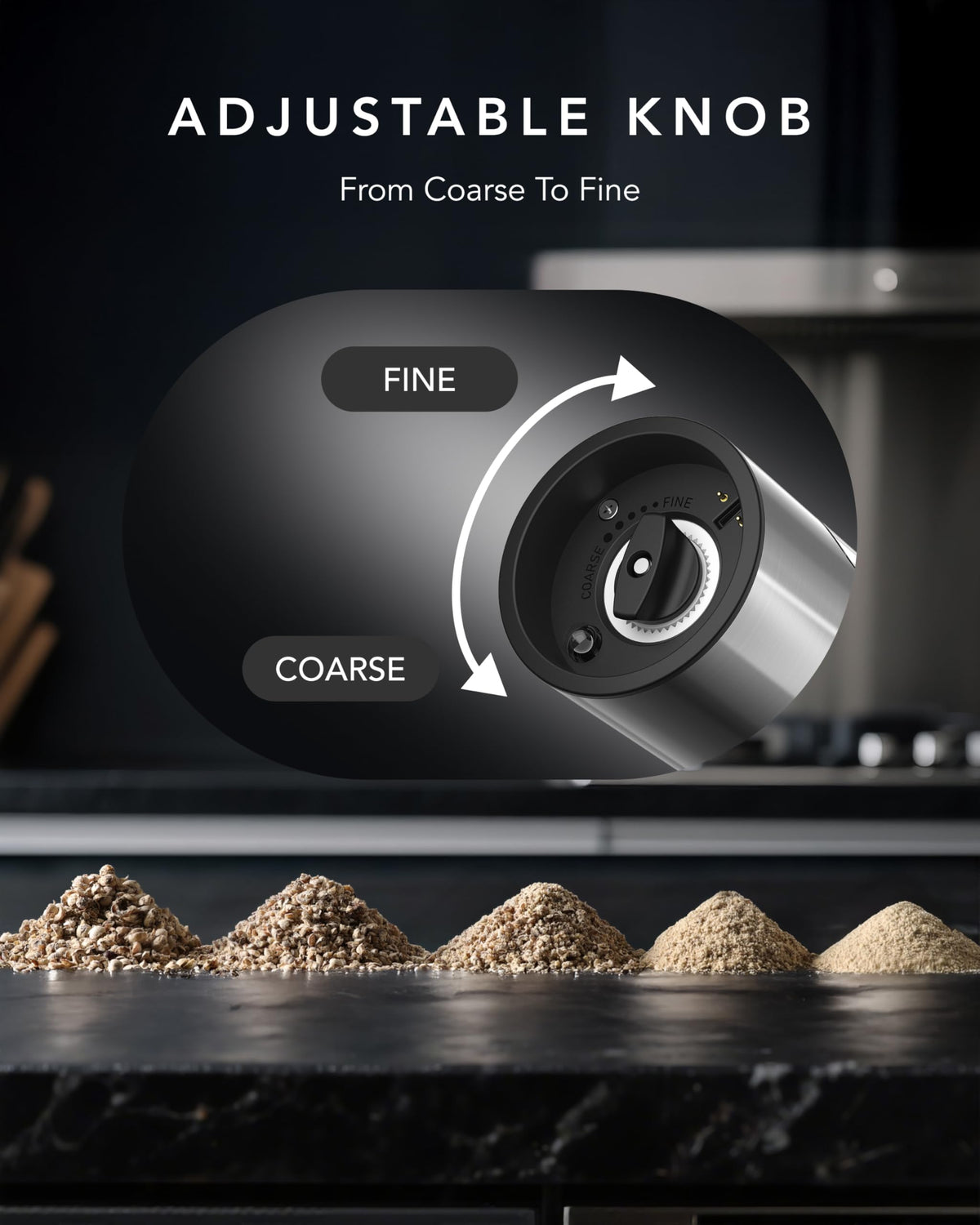 FORLIM adjustable coarseness knob enables fine to coarse grinds