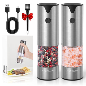 FORLIM electric salt and pepper grinders on counter with USB rechargeability for quick seasoning.