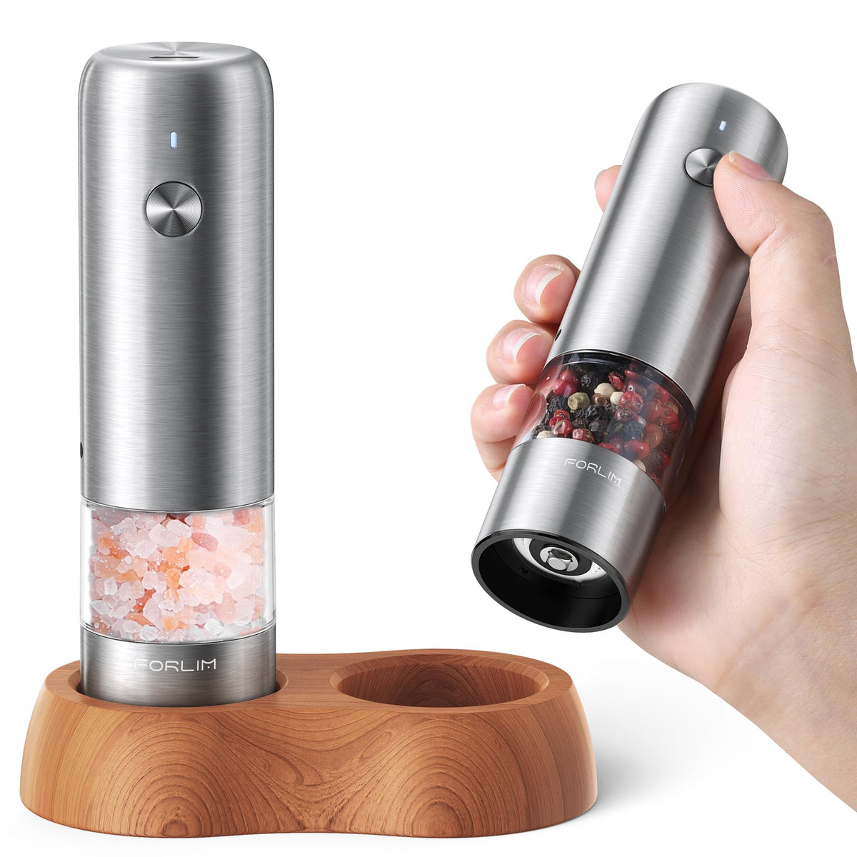 FORLIM mini electric grinder base showcases compact, travel-ready seasoning for meals.