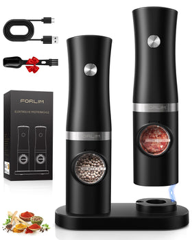 FORLIM rechargeable grinders on a sleek kitchen counter delivering fresh seasoning.