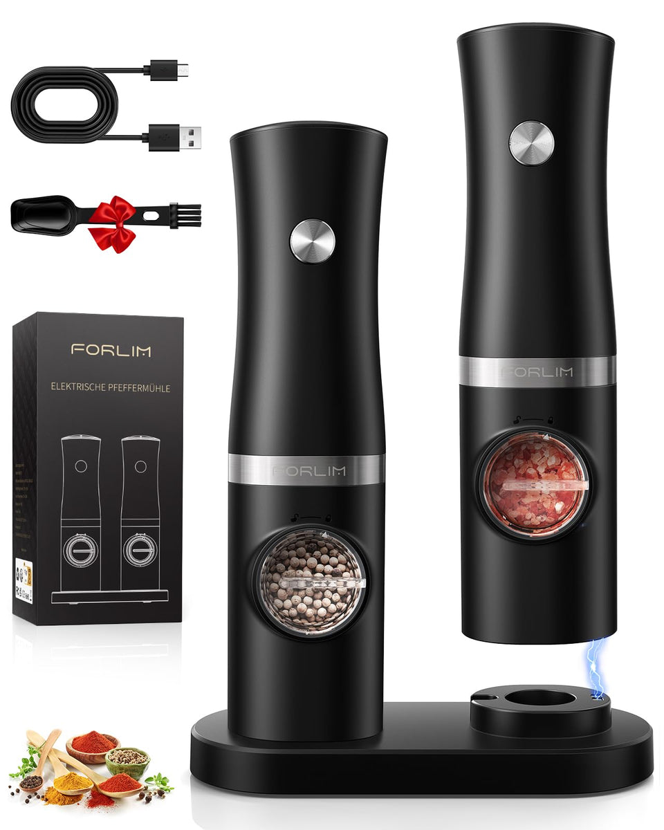 FORLIM rechargeable grinders on a sleek kitchen counter delivering fresh seasoning.