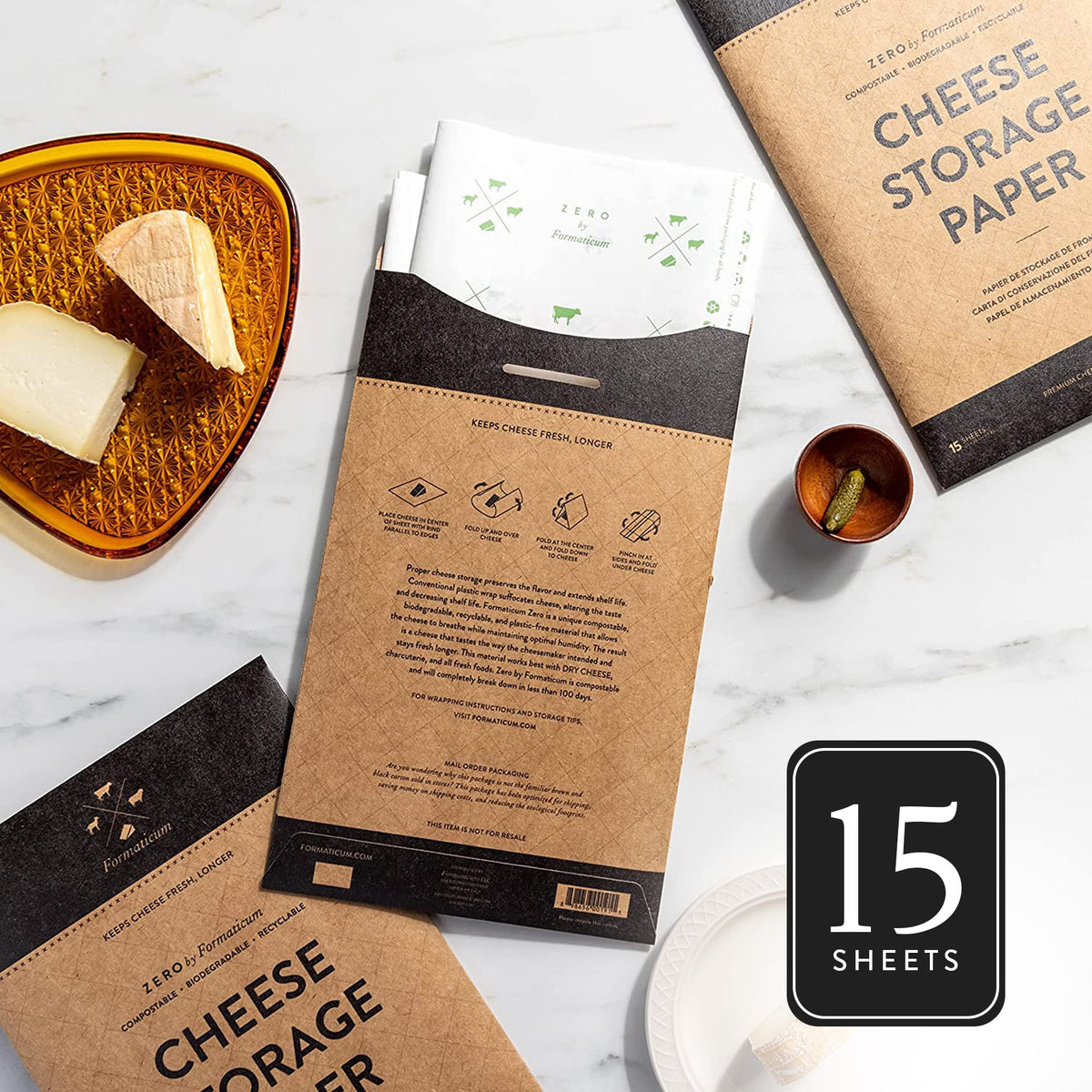 Sustainable compostable packaging label for Formaticum Zero Cheese Paper.