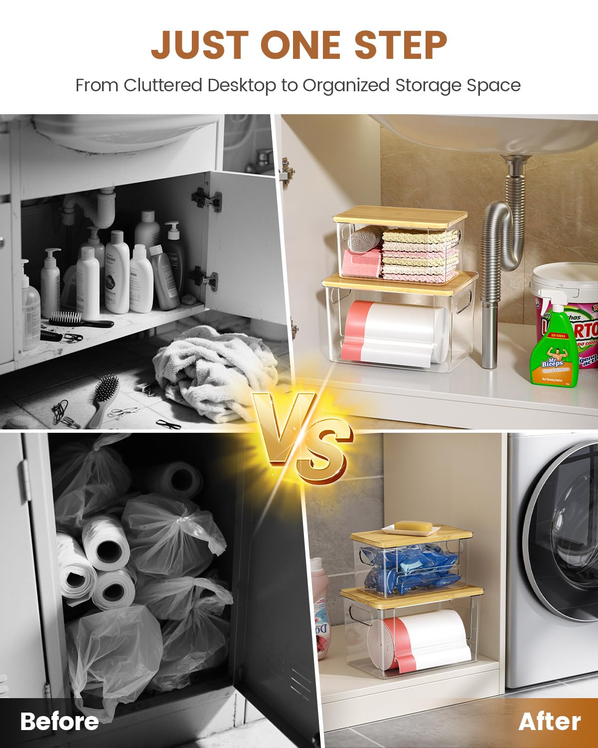 Foroyalife Trash Bag Dispenser under-sink stackable design saves room.