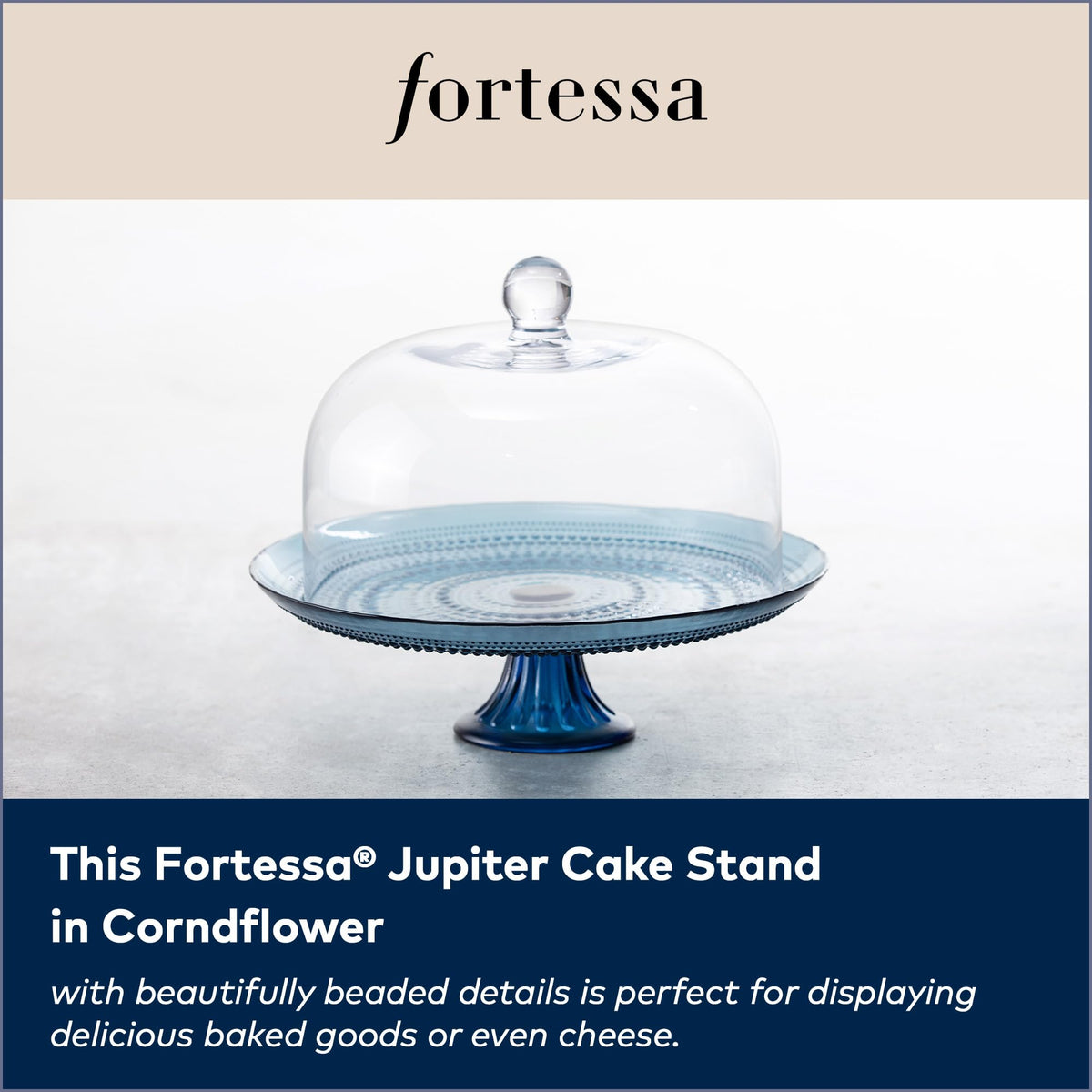 Cornflower blue glass stand adds color and focal point to celebrations.