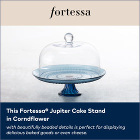 Cornflower blue glass stand adds color and focal point to celebrations.