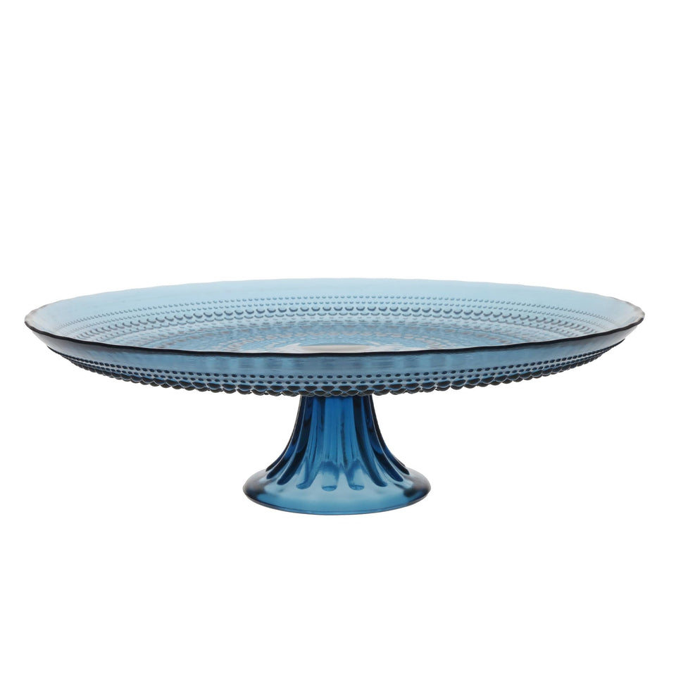Fortessa Jupiter beaded hobnail cake stand in cornflower blue for elegant dessert display.