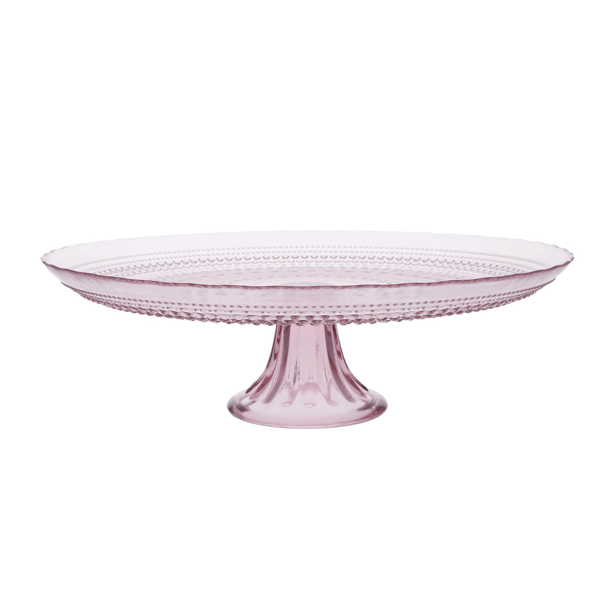 Fortessa Jupiter pink 13-inch cake stand with beaded hobnail detail for elegant dessert displays.