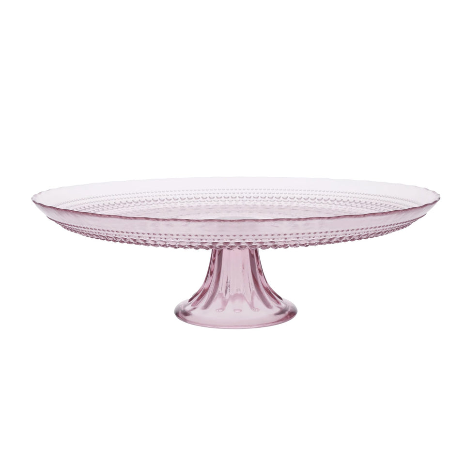 Fortessa Jupiter pink 13-inch cake stand with beaded hobnail detail for elegant dessert displays.