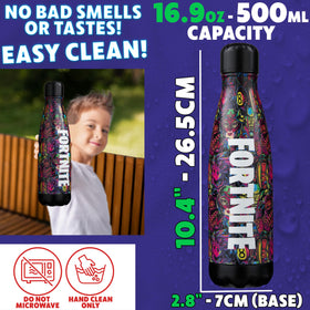 Fortnite bottle fits cup holders and backpacks for daily use.