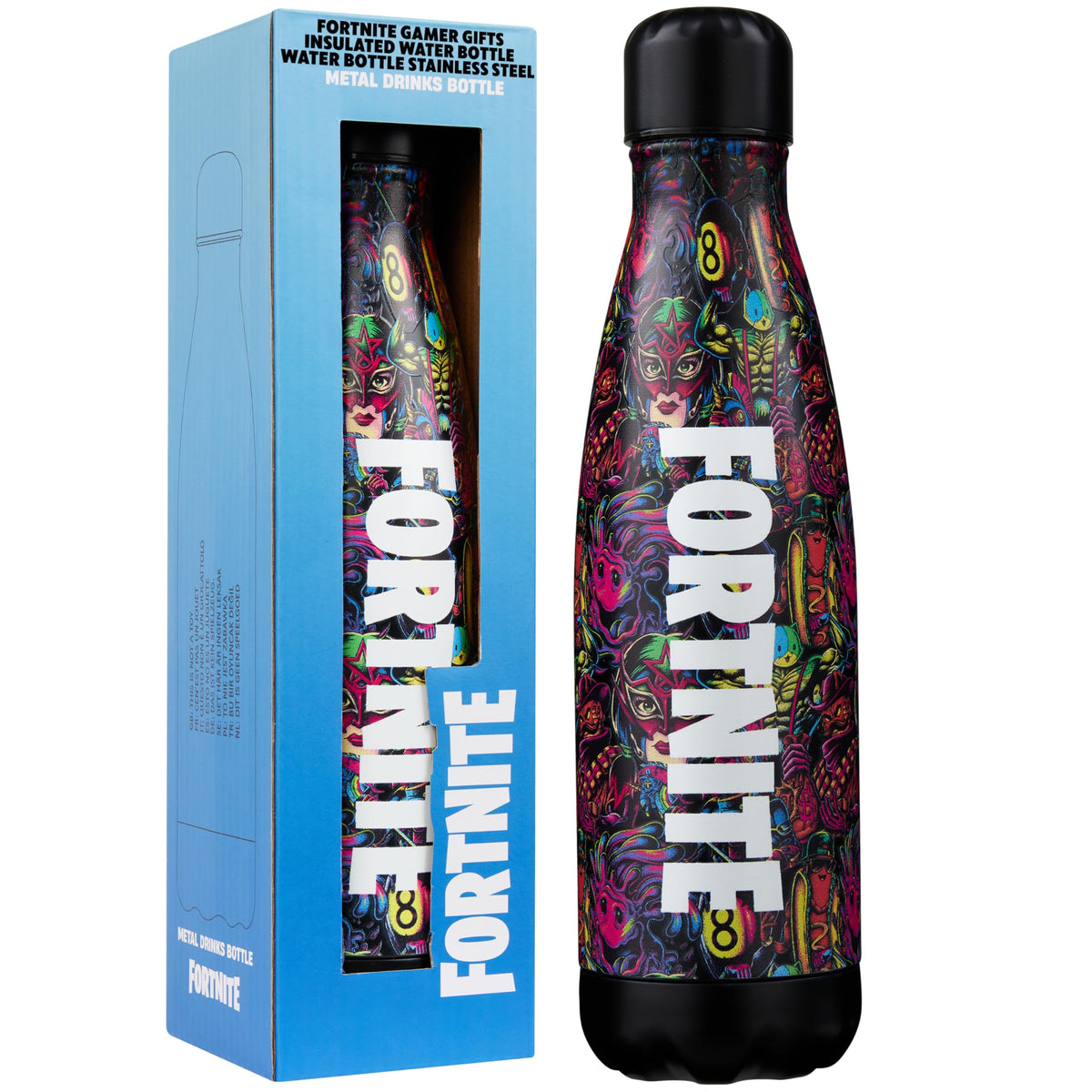 Fortnite bottle with graffiti print keeps beverages ready during long gaming sessions.
