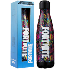 Fortnite bottle with graffiti print keeps beverages ready during long gaming sessions.
