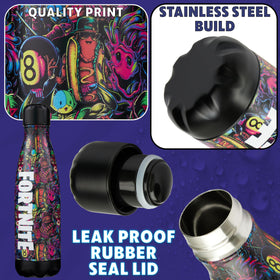 Fortnite bottle with leakproof screw-top lid seals in liquids securely.