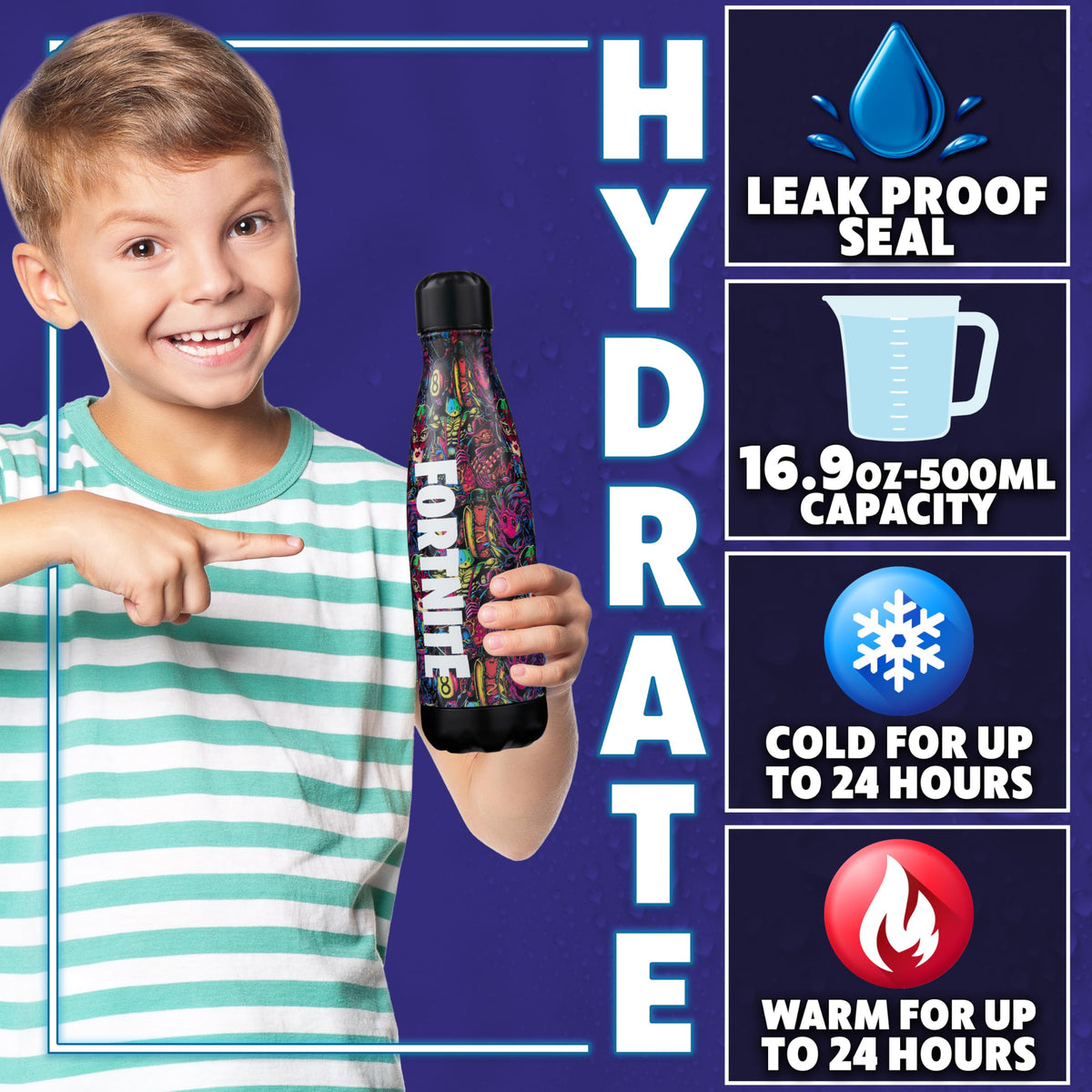 Fortnite bottle with multicharacter wrap adds a bold, collectible look.