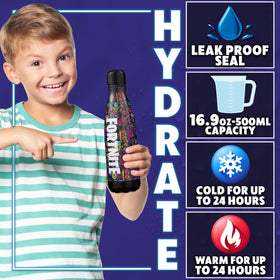 Fortnite bottle with multicharacter wrap adds a bold, collectible look.
