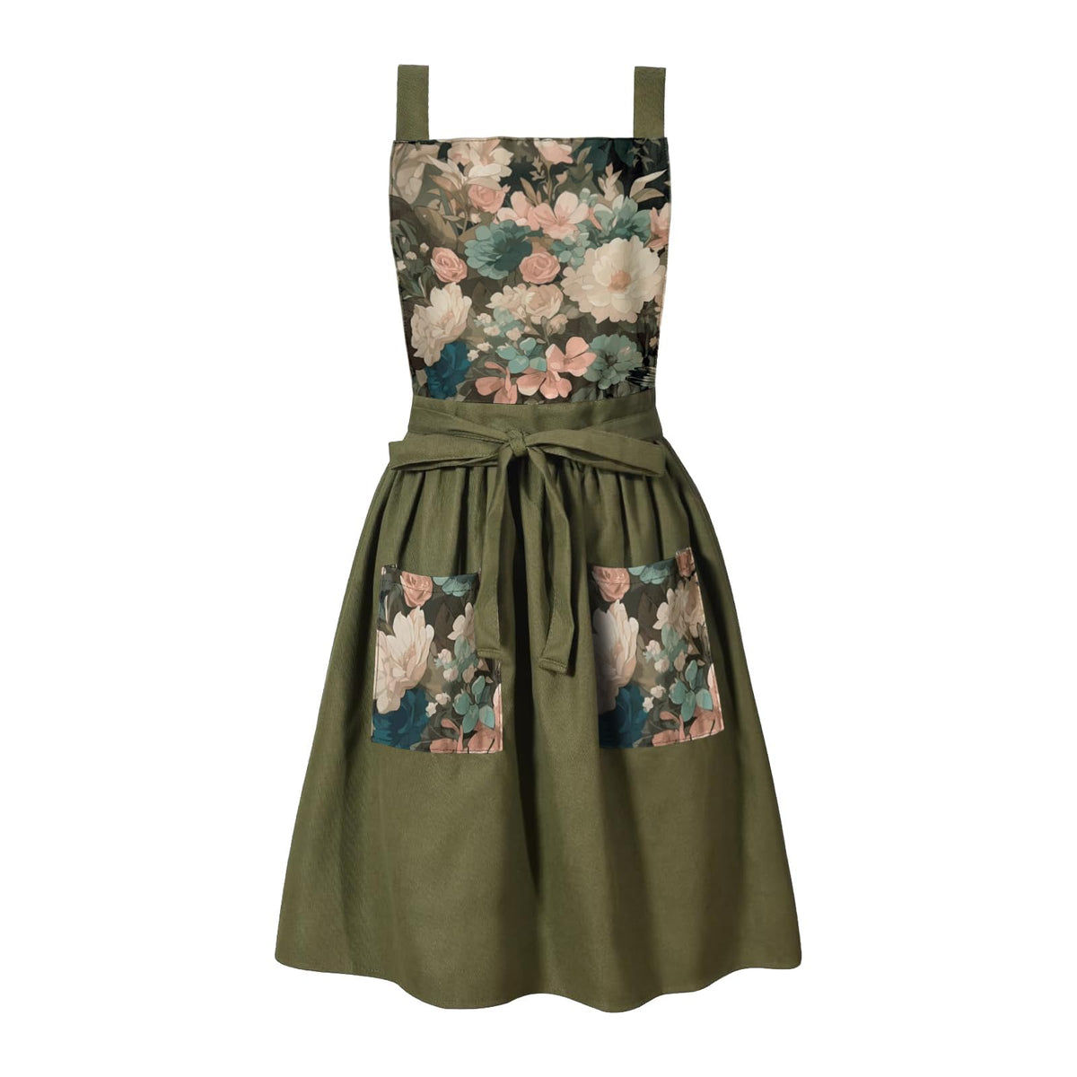 FOTVEFLEIR vintage apron olive green full view protects clothes during cooking.