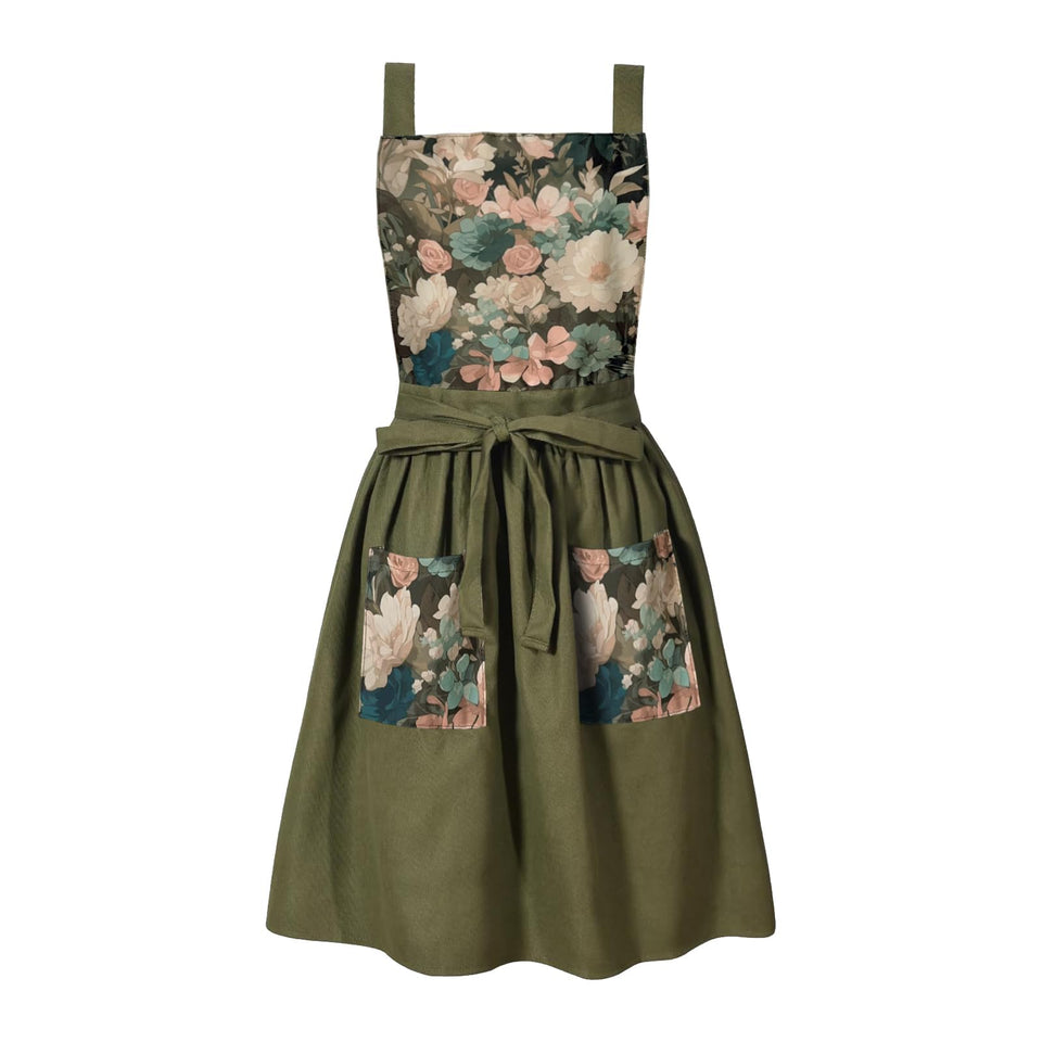 FOTVEFLEIR vintage apron olive green full view protects clothes during cooking.