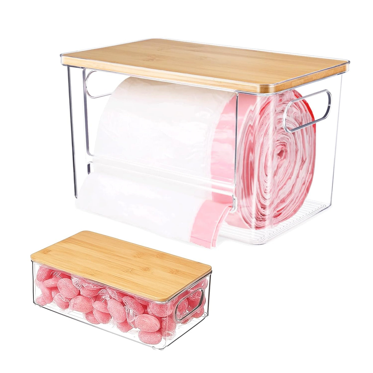 Four Flowers 2-pack acrylic trash bag dispenser, front view, space-saving under-sink organizer.