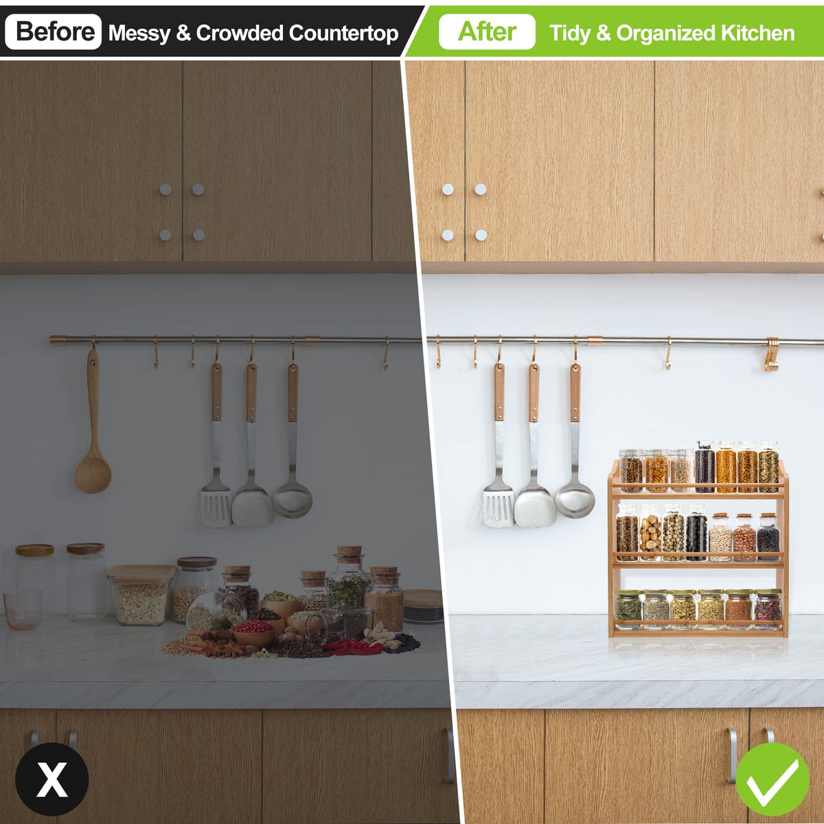 FoverOne bamboo spice rack side view showing accessible jars