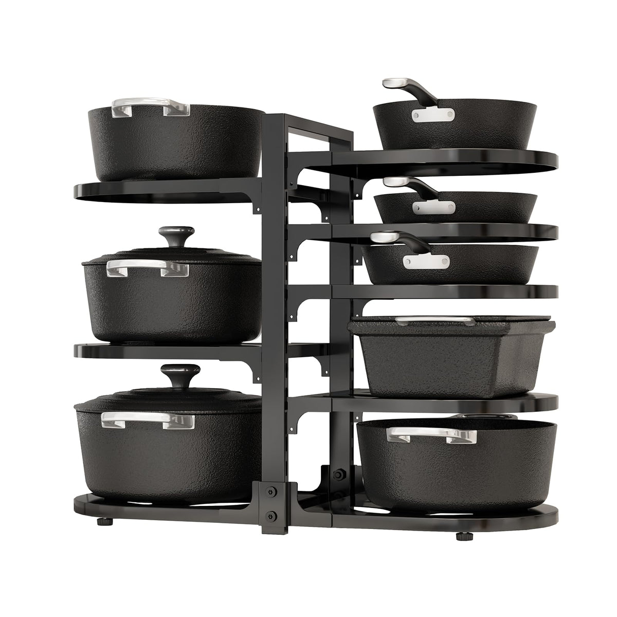 Fovkdcvw adjustable pot and pan organizer, front view, showing sturdy eight-tier design.
