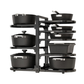 Fovkdcvw adjustable pot and pan organizer, front view, showing sturdy eight-tier design.